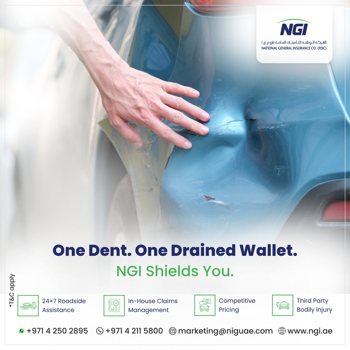 One dent can drain your wallet — unless you’re protected.
With NGI Motor Insurance, you get 24×7 roadside support, fast claims, and fair pricing.
Get a quote today. Drive worry-free.
📞 +971 4 250 2895 | +971 4 211 5800
📧 marketing@ngiuae.com
🌐 ngi.ae