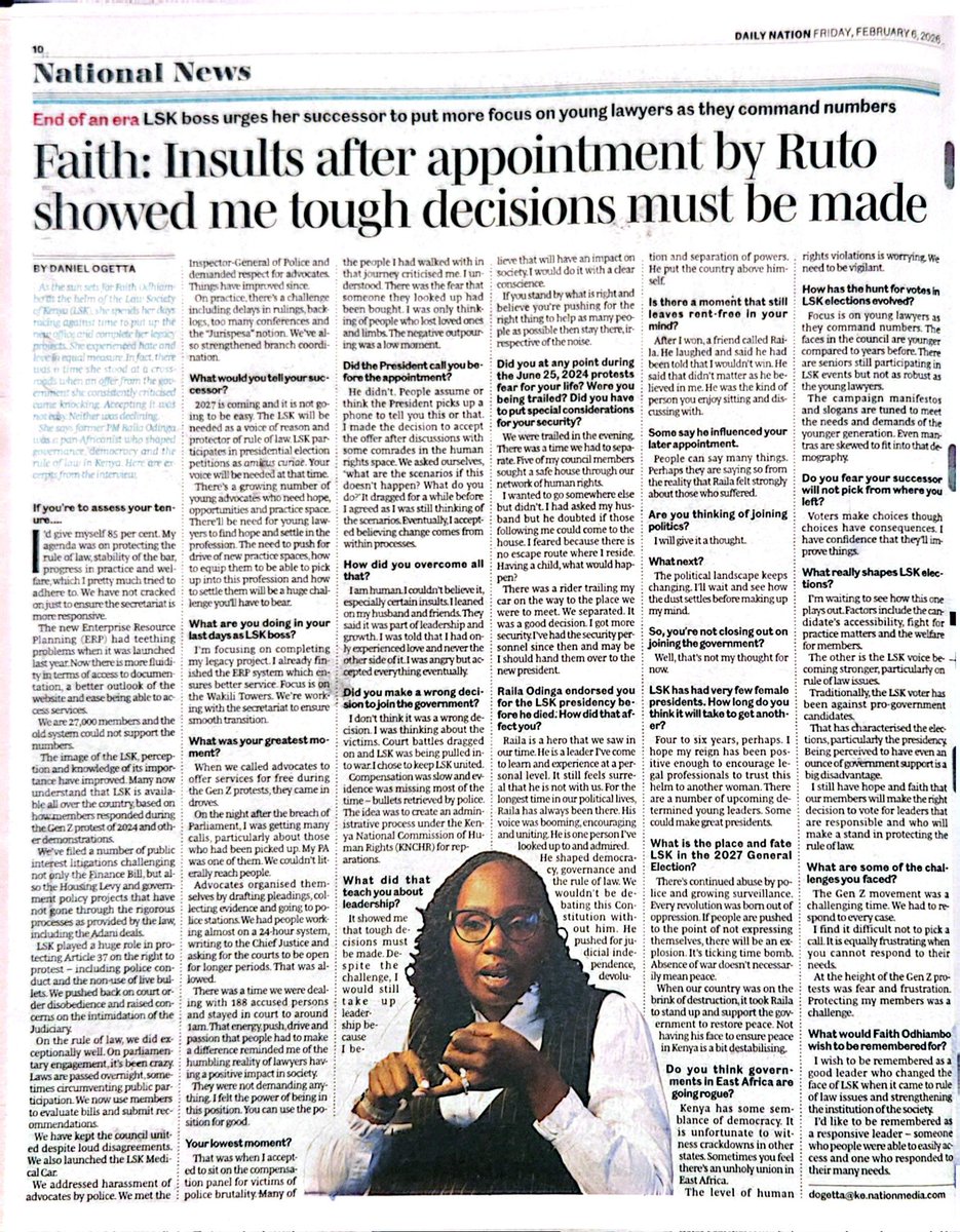 Our President <a href="/FaithOdhiambo8/">Faith Odhiambo</a> is modest. In auditing/grading her tenure as <a href="/LawSocietyofKe/">Law Society of Kenya</a> President, she gave herself only 85%. I will objectively give her 86%.