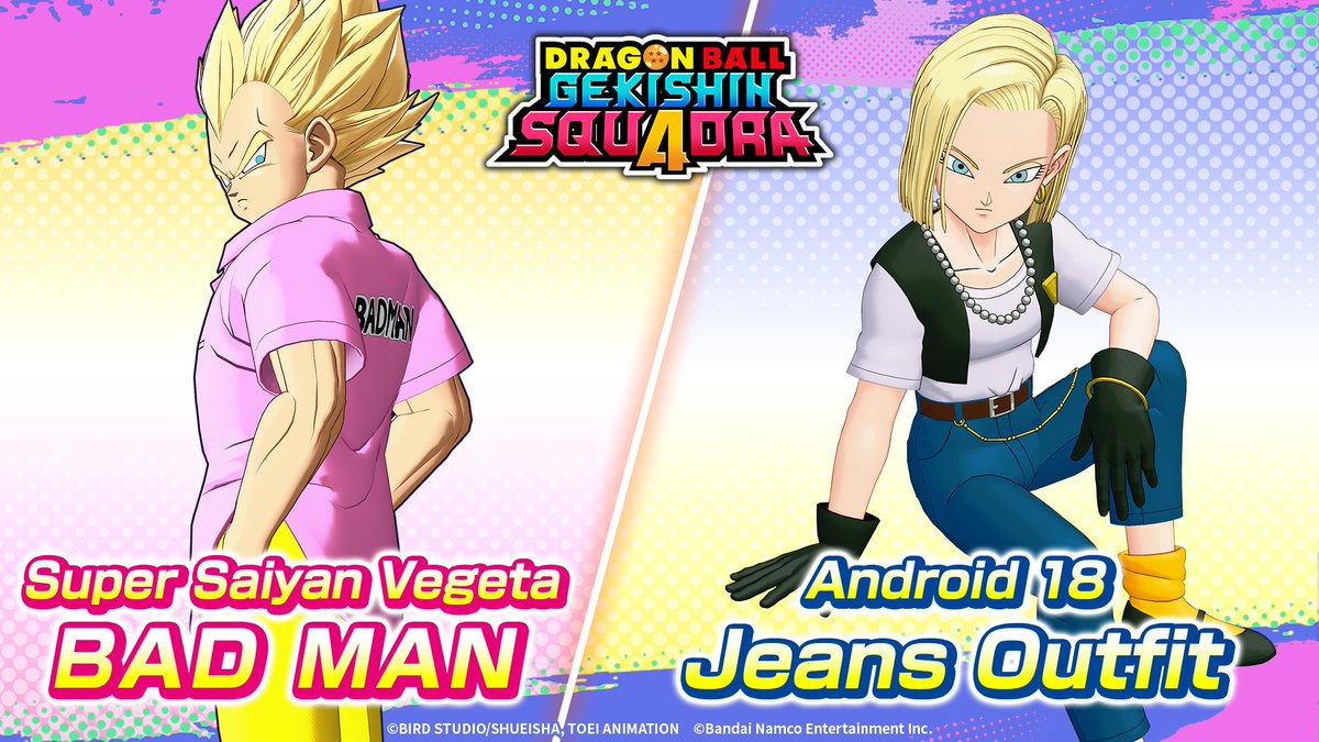 📢Customize your look with these skins for Super Saiyan Vegeta and Android 18, arriving 2/10 (PT)!

Check it out!✅

#GekishinSquadra #Squadra #DragonBall