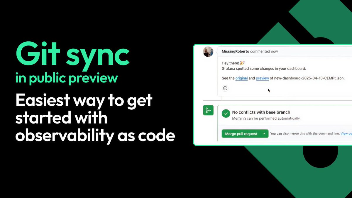 ⚡️朗報！Grafanaダッシュボードを
Git管理できる時代に。

Git SyncがGrafana CloudでPublic Preview開始。この仕組みはシンプルです：
✅Grafana UIで保存 → GitHubに自動commit
✅GitHubでJSON編集 → Grafanaに自動反映（双方向同期）