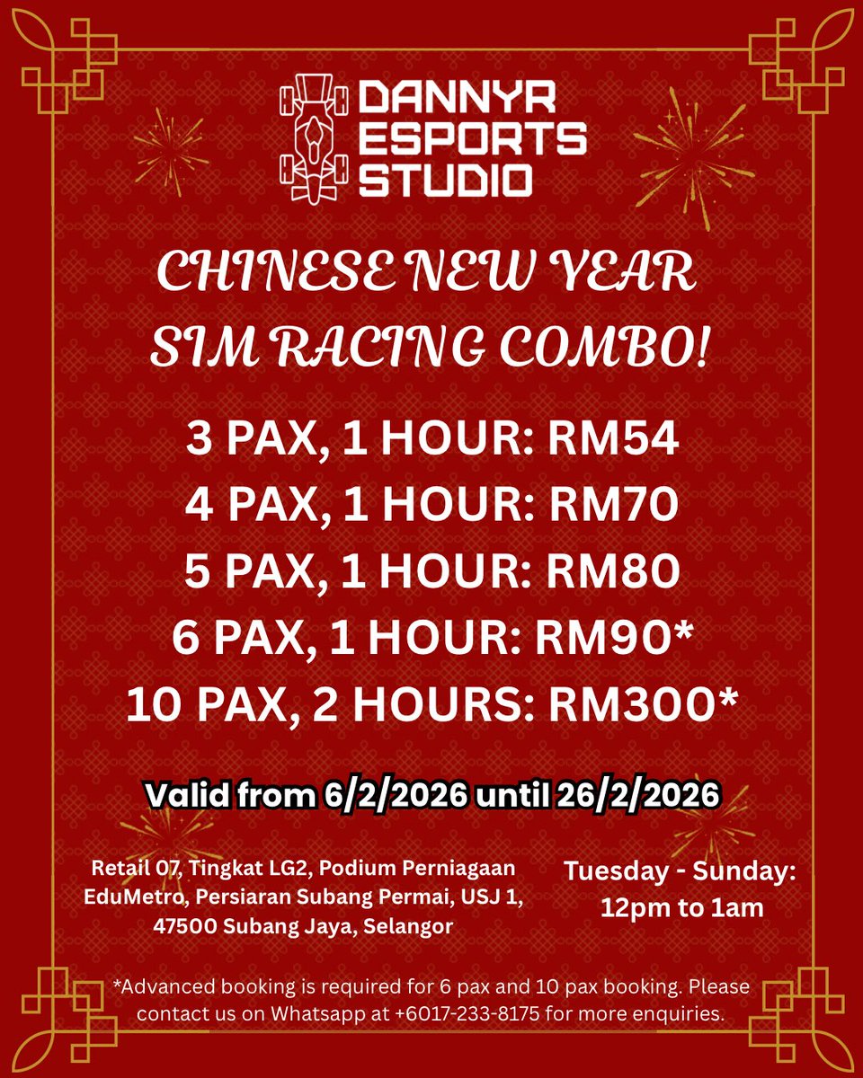 Kicking off the festive season with our CNY Sim Racing Combos!!! Bring your friends and family over to DannyR Esports Studio for a fun and prosperous sim racing session during the New Year!!! Valid from 6th February 2026 until 26th February 2026! 

#chinesenewyear #simracing