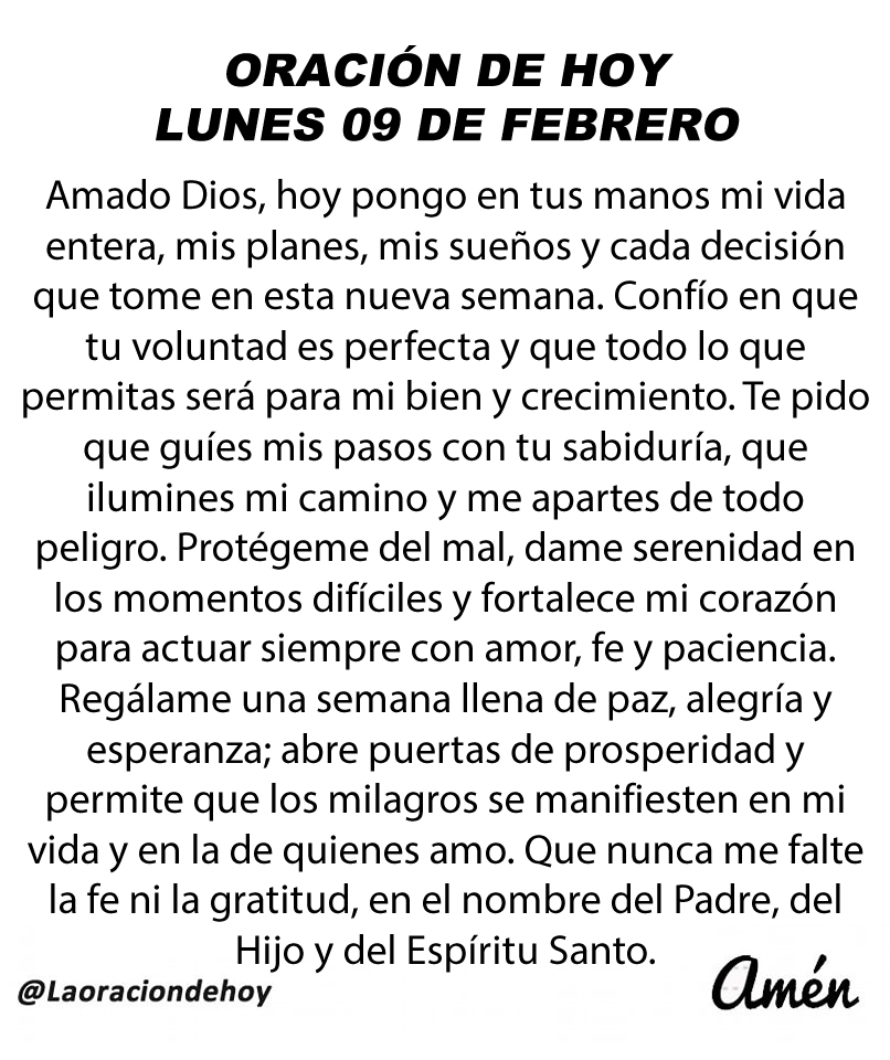 Oración diaria para hoy lunes 9 de febrero de 2026.