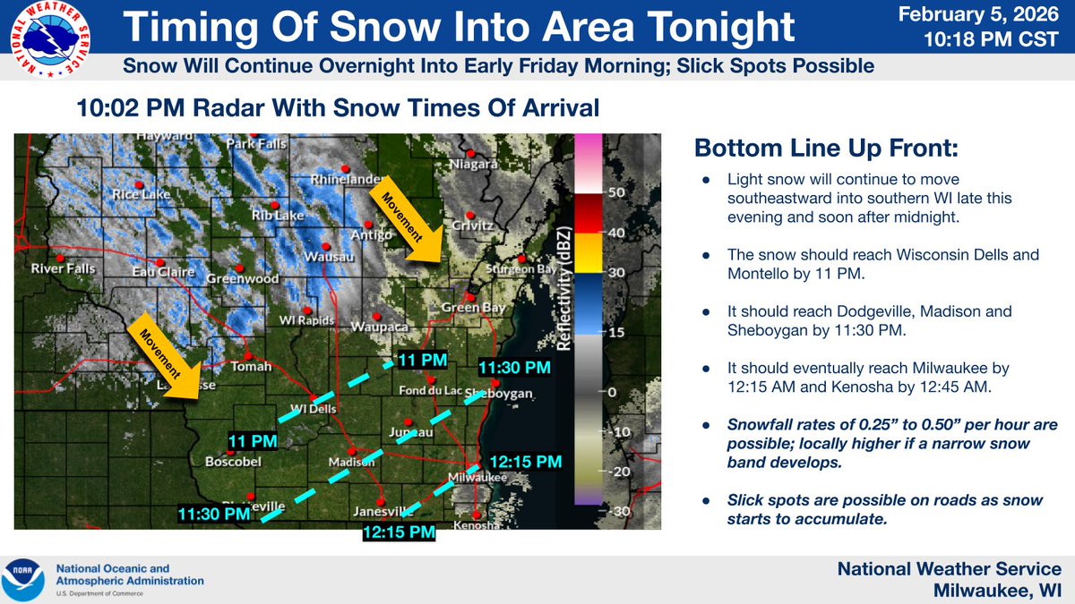 Here is a map showing the arrival times for the snow into southern WI ...