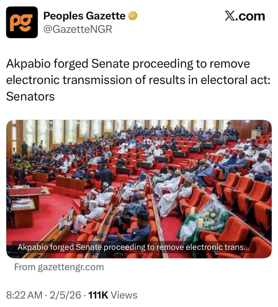 The highly controversial 2026 Electoral Act (Amendment) Bill approved by Godswill Obot Akpabio was ALTERED, just like the Tax Laws.

And if Bola Tinubu assents to that, then he will become (a part &amp; parcel of the most insidious coup plotted against the people of Nigeria).

What