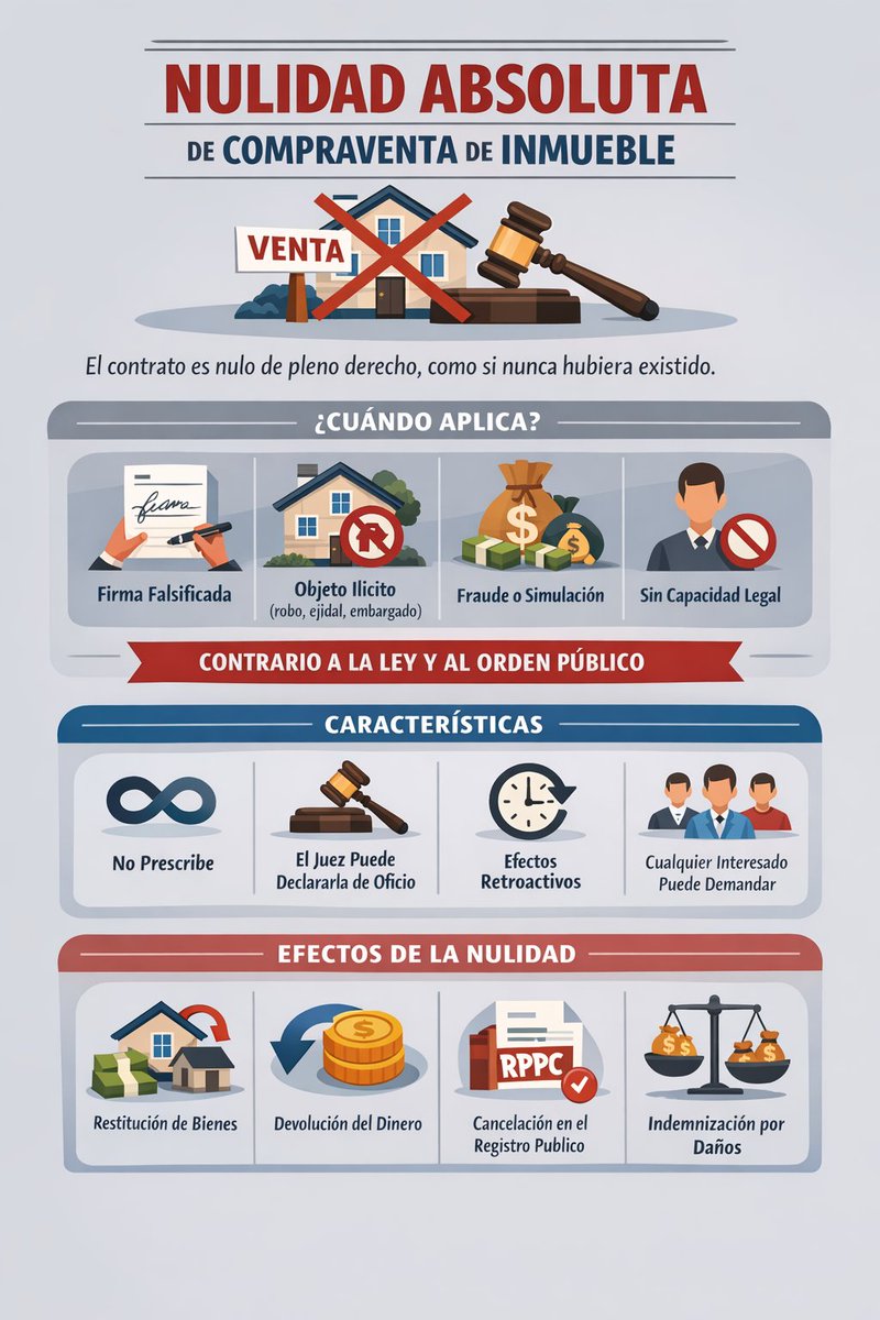 🏠⚖️ ¿Compraste un inmueble y descubres que el contrato es ilegal? Podría ser NULIDAD ABSOLUTA.
La nulidad absoluta ocurre cuando la compraventa viola la ley o el orden público, por ejemplo:
❌ Firma falsificada
❌ Inmueble fuera del comercio (ejidal, robado o embargado)
❌