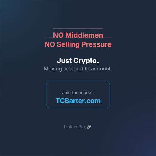 tc_barter's tweet photo. A real crypto economy is being built.
Gift cards. Vehicles. P2P trading.

Account-to-account. No selling pressure.

#CryptoAdoption #Web3Economy #TCBarter https://t.co/319D0Y6Qzt