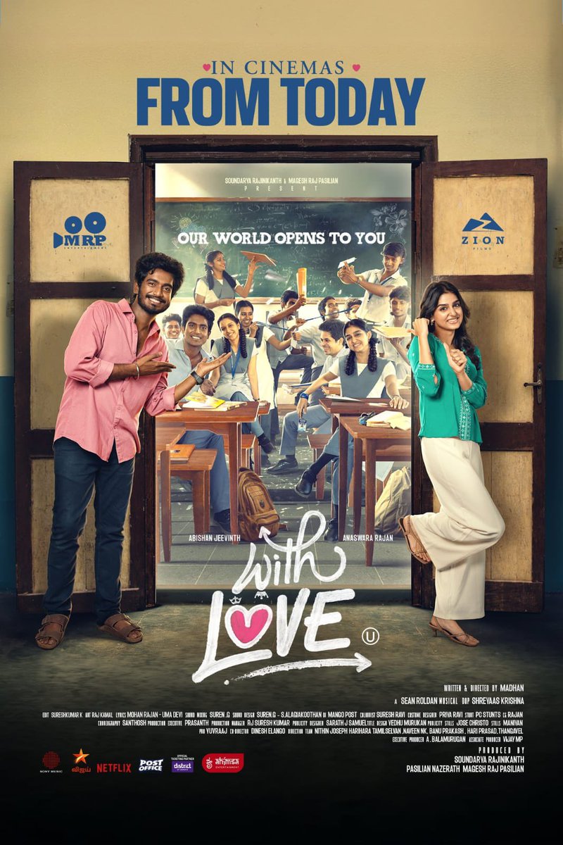 sridharkrupa's tweet photo. #WithLove in theaters from today 
@Abishanjeevinth @AnaswaraRajan_
@RSeanRoldan @madhann_n
@soundaryaarajni @mageshraj
 @MRP_ENTERTAIN  @Zionfilmsoff @kshreyaas @balaarunachala @vijaymp29 @SonyMusicSouth @NetflixIndia @proyuvraaj https://t.co/UaOagWO6s5