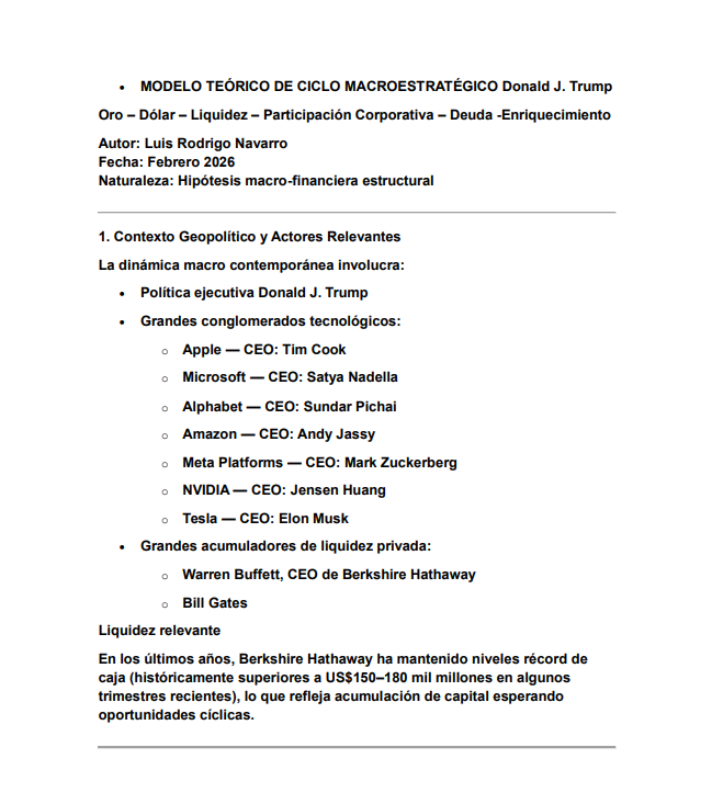Rodrigo64309792's tweet photo. MODELO TEÓRICO DE CICLO MACROESTRATÉGICO (Oro - Dólar - Liquidez-BTC- Participación Corporativa - Deuda -Enriquecimiento) Autor: Luis Rodrigo Navarro Fecha: Feb 2026  (PLAN DE TRUMP para bajar deuda y volverse mas rico en el camino) https://t.co/9jbtoJwafr