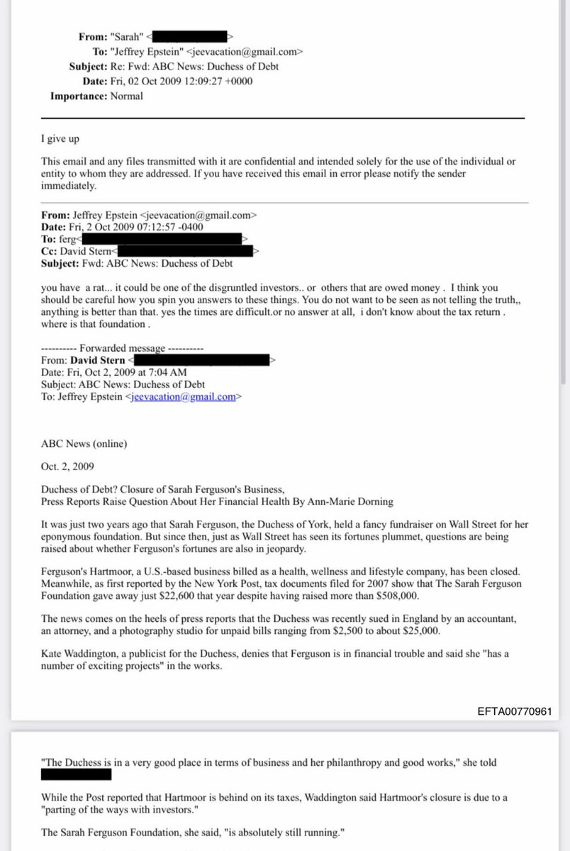 MarioNawfal's tweet image. Epstein Files: Epstein Managing Prince Andrew’s Ex-Wife’s Debt Crisis

Epstein personally handled Sarah Ferguson, Prince Andrew’s former wife and the Duchess of York, after ABC News exposed her collapsing business, a foundation that raised over $508,000 yet gave away only…