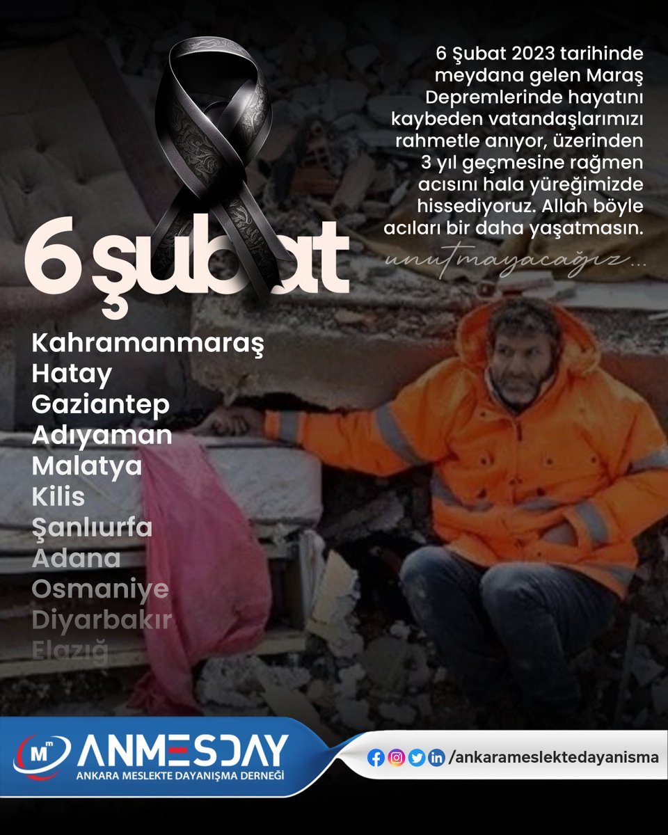 🕊️ 6 Şubat 2023 Maraş Depremleri… 🕊️

6 Şubat 2023 tarihinde meydana gelen Maraş depremlerinde hayatını kaybeden tüm vatandaşlarımızı rahmet, saygı ve dualarla anıyoruz. 🤍
Bu büyük felaketi, kaybettiklerimizi ve yaşanan acıları 

🖤 Unutmayacağız.

#6Şubat #MaraşDepremi