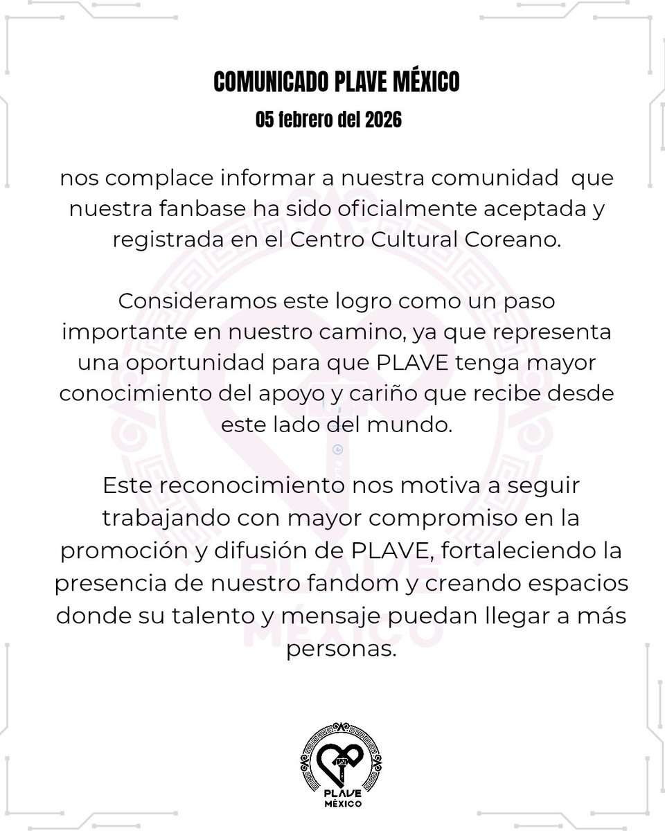 plavemexico's tweet photo. 📢| COMUNICADO | 26.02.05

Nuestra fanbase ha sido oficialmente aceptada y registrada en el Centro Cultural Coreano 🇰🇷 ( @kcc_mexico ) Gracias por siempre estar, por apoyar a Plave y Plave México. Seguiremos trabajando para mejorar más.
Sigamos creciendo junto a PLAVE 🩷❤️💜💙🖤 https://t.co/sapWCYjgF1