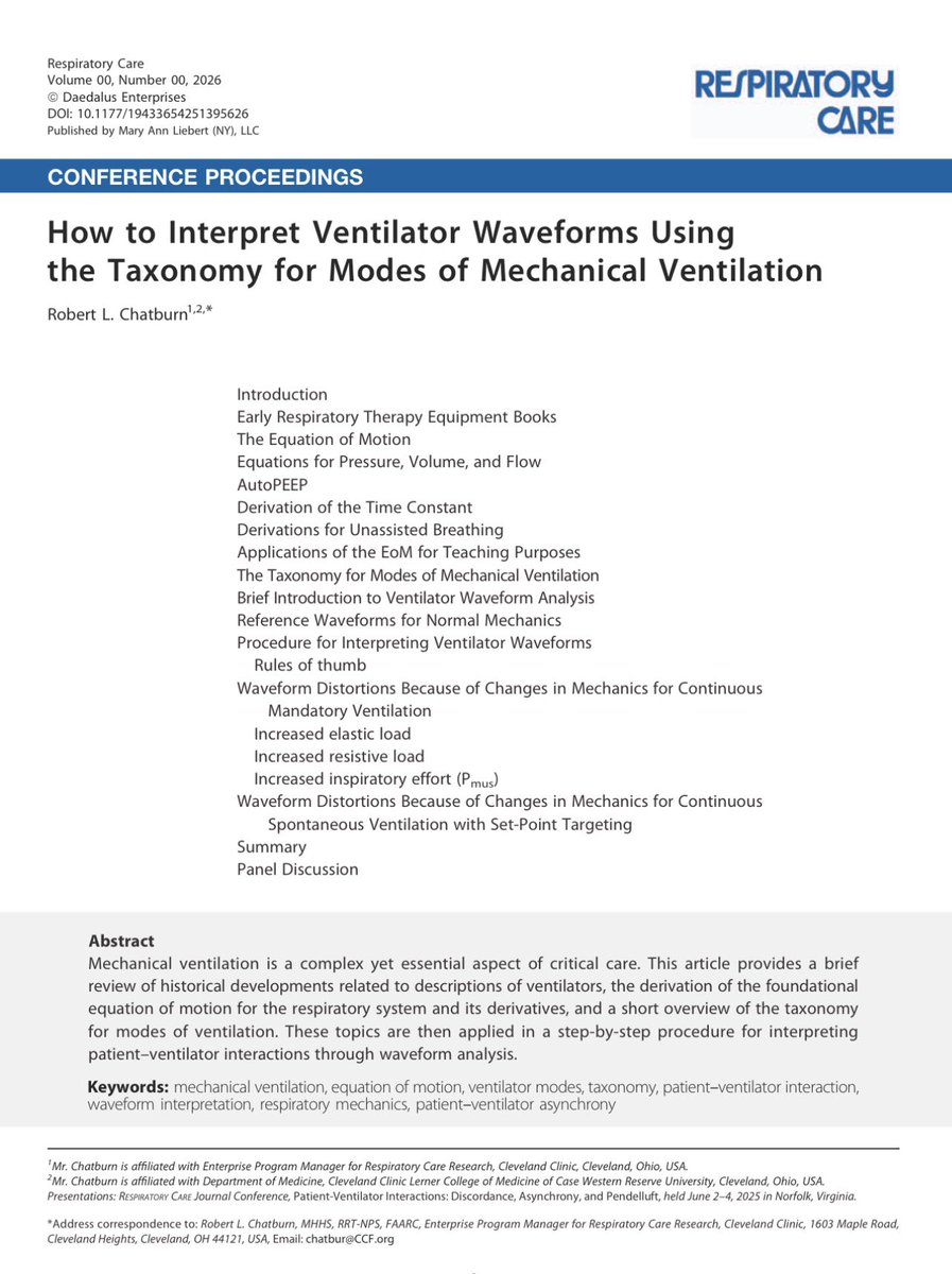 🫁📉 Las curvas del ventilador se leen, no se miran

Todo se explica con:
Pvent + Pmus = E·V + R·V̇ + PEEP

👉 VC → cambia presión
👉 PC → cambian flujo/volumen

#VentilaciónMecánica #UCI #CriticalCare

journals.sagepub.com/doi/10.1177/19…