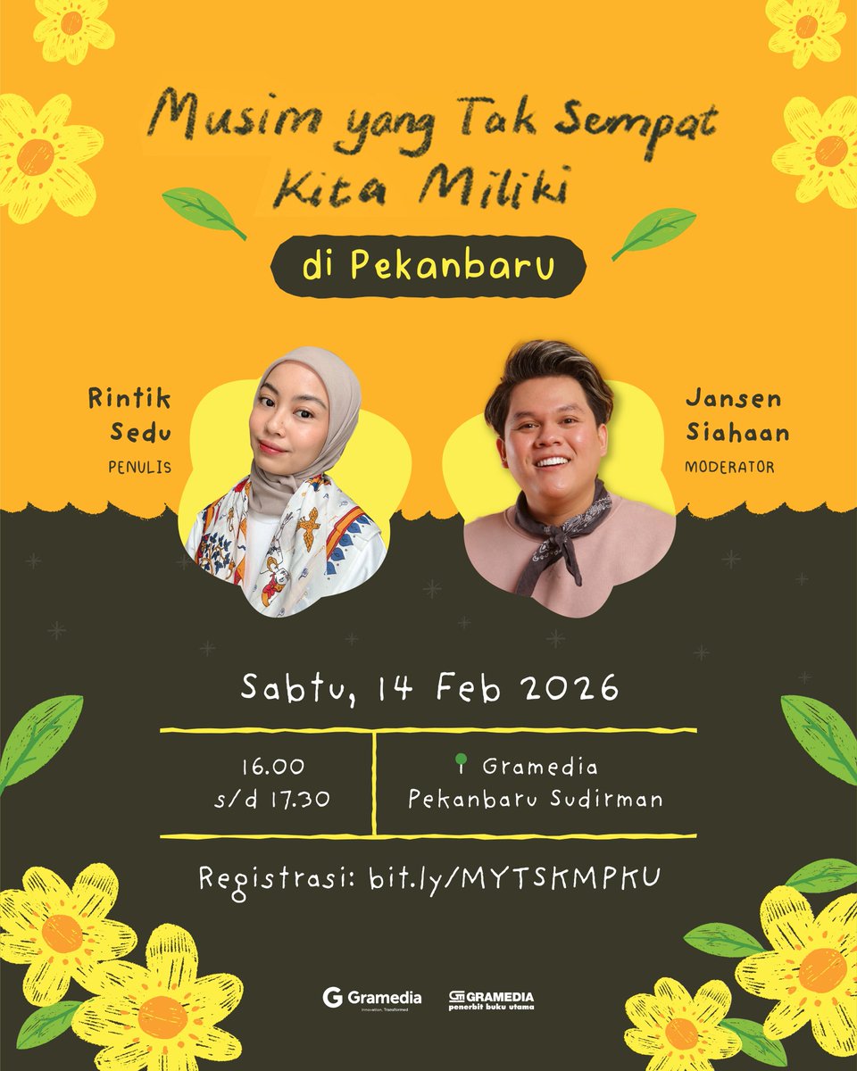 bukugpu's tweet photo. πΌ Musim Ketiga: PEKANBARU πΌ
Mari merayakan hari kasih sayang bersama penulis kesayangan Rintik Sedu
@ntsana_
β¨ Sabtu, 14 Feb 2026 β¨
16.00-17.30 WIB πGramedia Pekanbaru Sudirman π daftar: https://t.co/LcsI6lFI7jπ baca poin-poinnya dgn cermat sebelum mendaftar π #bukugpu https://t.co/sxCImDFEmj