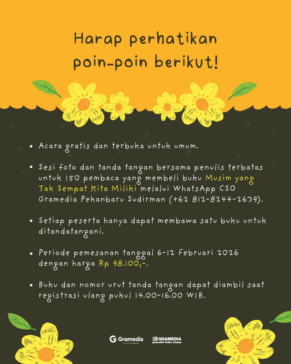 bukugpu's tweet photo. πΌ Musim Ketiga: PEKANBARU πΌ
Mari merayakan hari kasih sayang bersama penulis kesayangan Rintik Sedu
@ntsana_
β¨ Sabtu, 14 Feb 2026 β¨
16.00-17.30 WIB πGramedia Pekanbaru Sudirman π daftar: https://t.co/LcsI6lFI7jπ baca poin-poinnya dgn cermat sebelum mendaftar π #bukugpu https://t.co/sxCImDFEmj