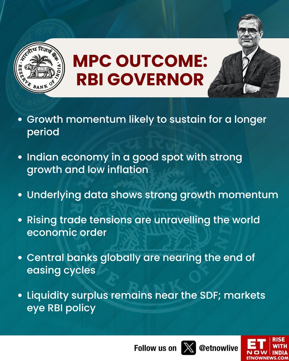 ETNOWlive's tweet image. #RBIMPC | "Growth momentum likely to sustain for a longer period," says RBI Governor Sanjay Malhotra

@GovSMalhotra #ratecut #MPC