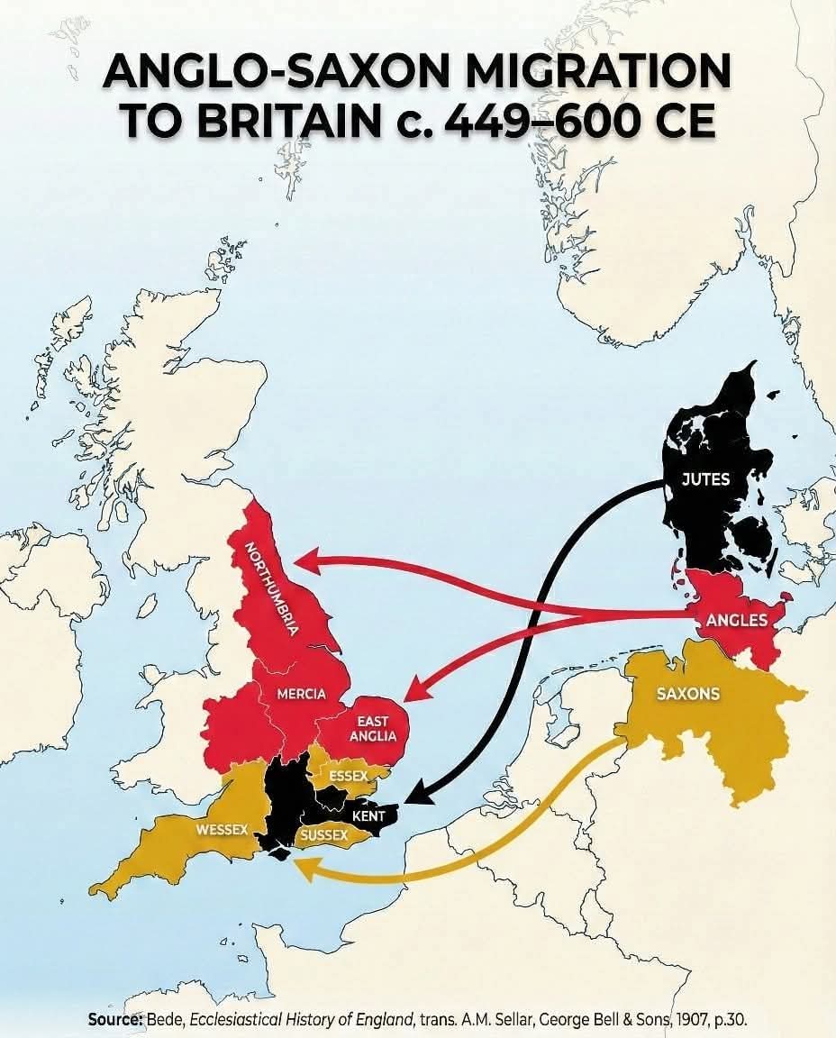histories_arch's tweet photo. The Great Migration: How the Foundations of the English-Speaking World Were Laid

​Ever wonder why we speak English and not a Roman or Celtic tongue? The answer lies in a chaotic, transformative period between the 5th and 7th centuries. When the Roman Empire’s grip on Britain slipped, a vacuum was left behind—one that was filled by the bold seafaring tribes of Northern Europe: the Angles, Saxons, and Jutes.

​This wasn't just a military invasion; it was a total cultural reset. From the shores of modern-day Denmark and Northern Germany, these tribes crossed the treacherous North Sea to seek new land, eventually pushing the native Britons to the fringes and creating the "Heptarchy"—the seven kingdoms that would one day become England.

​Whether you're a history buff or just curious about where our modern traditions and language began, this map tracks the very first steps of the journey that would eventually reach the shores of America centuries later.

​The Foundations of a New World: The Anglo-Saxon Migration (449–600 CE)

​To understand the United States today—its laws, its literature, and its primary language—one must look back nearly 1,600 years to the foggy coastlines of the North Sea. The migration of the Germanic tribes to the British Isles is perhaps one of the most consequential movements of people in Western history. It was a period marked by the collapse of an old superpower, the arrival of opportunistic warriors, and the slow, grinding birth of a new identity. This is the story of how Britain became "England" and how the seeds of the English-speaking world were first planted.

​In 410 CE, the Roman Empire was crumbling. Under pressure from "barbarian" tribes closer to home, the Emperor Honorius sent a letter to the cities of Britain, famously telling them to "look to their own defenses." For nearly four centuries, Rome had provided a professional military, legal infrastructure, and a sense of global connectivity. When the legions left, they took the stability with them.

​Britain was left vulnerable. To the north, the Picts and Scots began raiding deeper into the lowlands. According to the monk-historian Bede, a British leader named Vortigern made a fateful decision:

The invited Germanic mercenaries from the mainland to help defend his lands. He offered them territory in exchange for protection. It was an invitation that changed the course of history forever. Once the first wave of warriors realized how fertile and poorly defended the island was, the trickle of mercenaries turned into a flood of settlers.

​As shown in map, the migration was primarily driven by three distinct groups, each bringing their own dialects and customs. Hailing from the region of Angeln (modern-day Schleswig-Holstein in Germany), they were perhaps the most numerous. They settled in the north and east, founding the kingdoms of Northumbria, Mercia, and East Anglia. It is from this tribe that names "England" (Engla-lond) and "English" (Englisc) are derived.

​Coming from the sprawling plains of Northern Germany, the Saxons were fierce warriors and prolific settlers. They moved into the south and west of Britain, establishing Wessex (West Saxons), Sussex (South Saxons), and Essex (East Saxons). Their legacy survived in the title of the "Anglo-Saxon" people and heavily influenced the legal and social structures of the early English state.

​The smallest of the three main groups, the Jutes traveled from the Jutland peninsula (modern Denmark). They settled in Kent and the Isle of Wight. Though fewer in number, they maintained a distinct cultural identity for generations, and the Kingdom of Kent became a vital gateway for the reintroduction of Christianity to the island later on.

​#archaeohistories