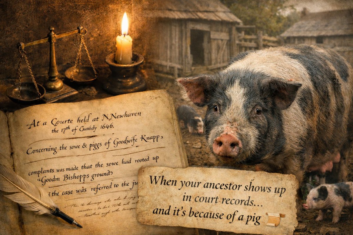 jamie20808's tweet photo. 🐖 Family history reminder:
Sometimes your ancestor doesn’t show up in the records for anything heroic or dramatic —
sometimes it’s because a pig broke a fence or a cow wandered where it shouldn’t have.
History is humbling. 📜🐄
#WeirdHistory #Genealogy #HistoryGeeks #ColonialLife