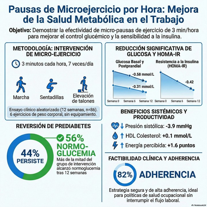 ChicharroJL's tweet photo. INTERRUMPIR EL SEDENTARISMO LABORAL MEJORA LA SALUD METABÓLICA Interrumpir la jornada laboral con breves pausas activas cada hora mejora la glucemia, la sensibilidad a la insulina y otros marcadores cardiometabólicos, incluso sin aumentar el ejercicio estructurado, mostrando una estrategia factible, segura y aplicable en entornos de trabajo sedentarios. (lee el artículo completo en BLOG JL Chicharro en https://t.co/ghlyA0rsYU) https://t.co/MnR8TI8p4w