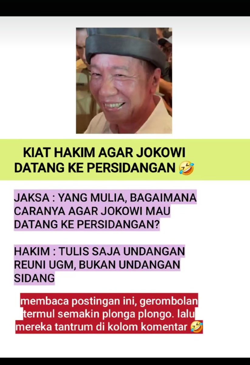 Ini cara jitu biar Jokowi mau hadir di persidangan....
🤭🤭🤭