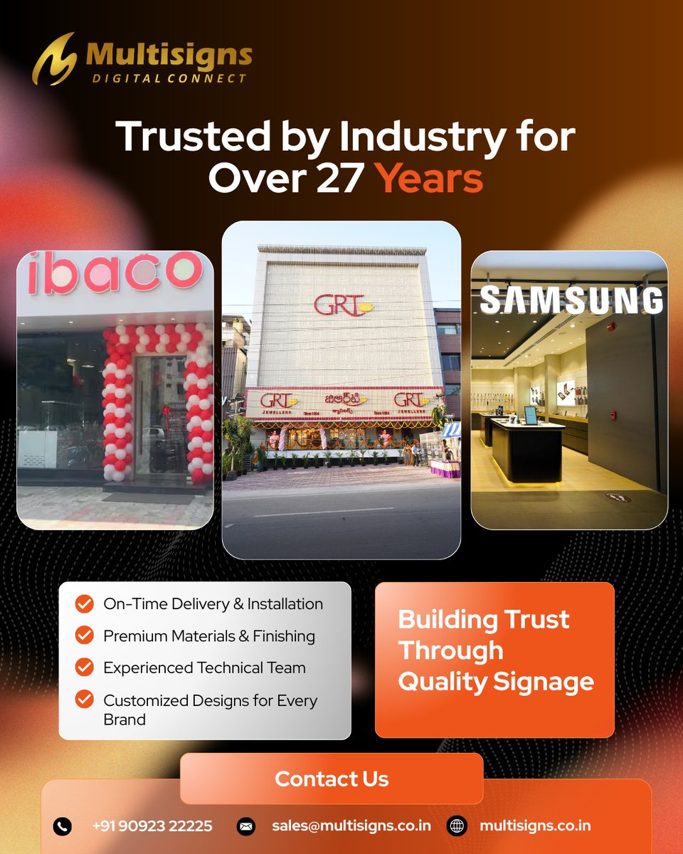 Multisigns_dc's tweet photo. 27 Years of Trust. Thousands of Brands. One Partner. 🏆

Contact Us:  +91 95003 30600

#Multisigns #SignageSolutions #OutdoorAds #BrandMarketing #BusinessIndia #OutdoorAdvertising  #AdvertisingAgency #MarketingSolutions #BusinessOwners #signage #RetailBranding  #PremiumSignage https://t.co/RMXaFphPZM