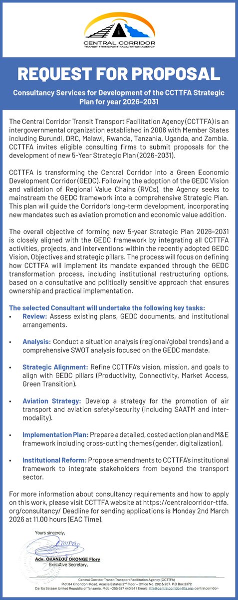 The_EastAfrican's tweet photo. SP: 📢 TENDER ALERT | CCTTFA seeks consulting firms to draft the 2026–2031 Strategic Plan aligned to the Green Economic Development Corridor. Deadline: 2 Mar 2026, 11:00 EAC. https://t.co/UomHYcyd9J #GEDC https://t.co/jJL1d1WT4y
