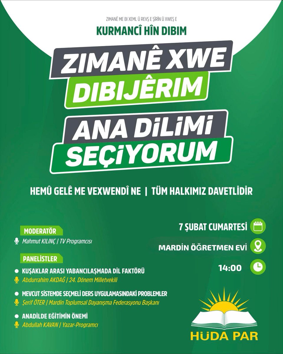 📢 PANELE DAVET!

Eğitim İşleri Başkanlığımız tarafından düzenlenecek “Anadilimi Seçiyorum” panelimize tüm halkımız davetlidir.

📆7 Şubat Salı
🕡14.00
📍Mardin Öğretmenevi