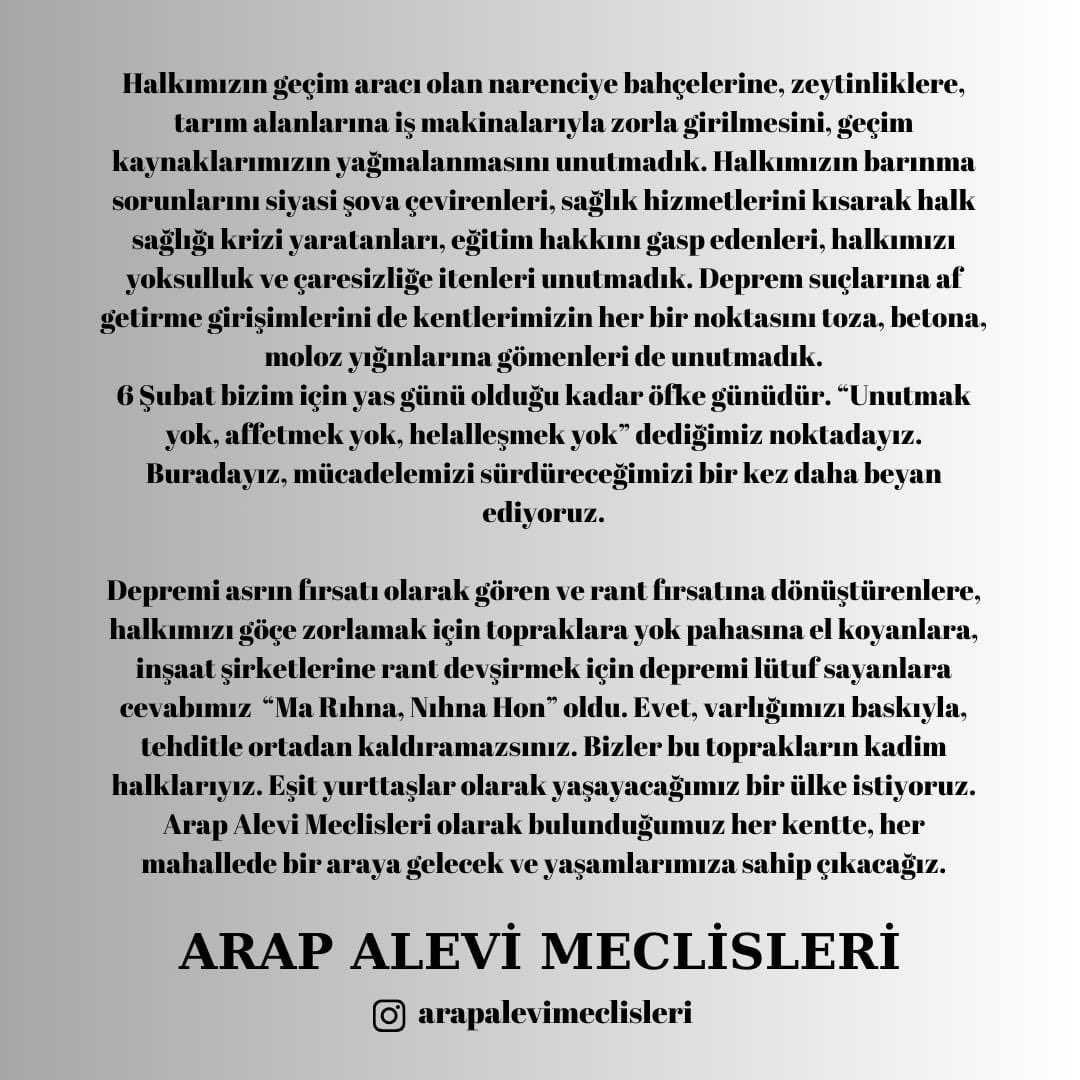 6 Şubat’ın 3. yılında buradayız.
Unutmak,Affetmek,Helalleşmek YOK!

#marıhnanehnahon
#6Şubat #deprem #ArabAleviMeclisleri