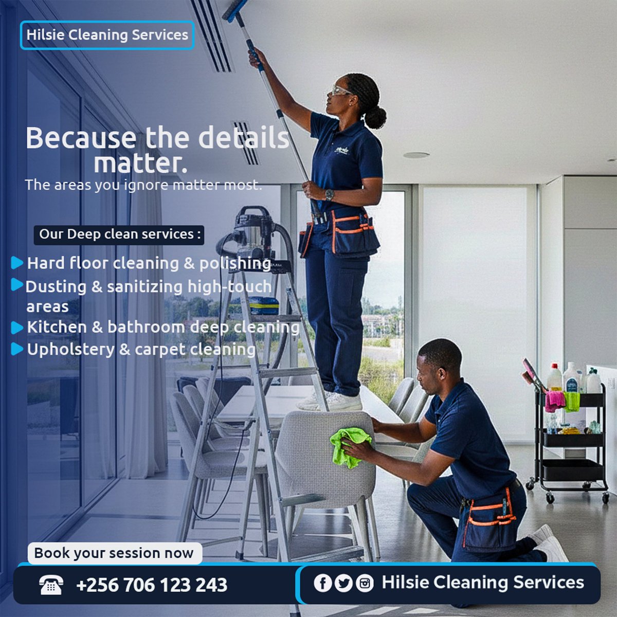 Cleaning services 

Book your deep cleaning appointment with us 

☎️ 0706123243 to book