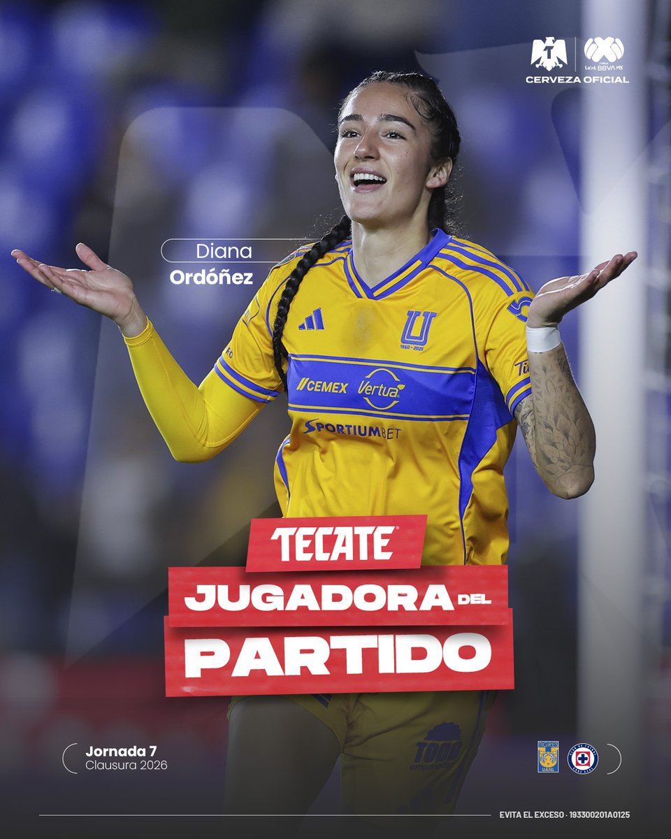 #TecateJugadoraDelPartido | Diana Ordóñez 🏅
Tus 🗳️ votos la eligieron como la JDP...

Goles, asistencias y poder ofensivo para pelear el liderato de goleo. ⚽🔥

@cervezatecate

#TecatePorTi | #TIGvsCAZ | #NuestroFutFem