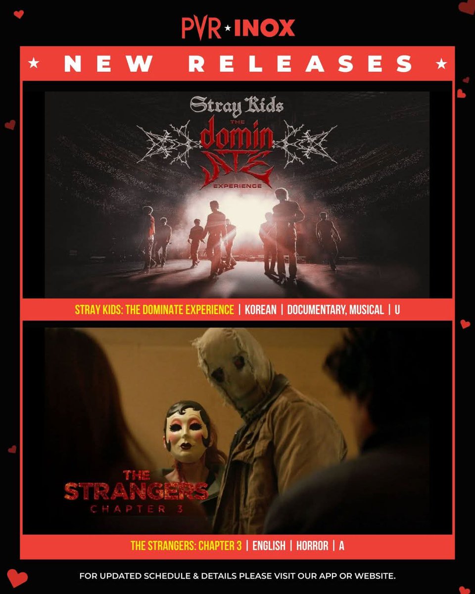 CinemaRareIN's tweet photo. In cinemas today (6/2)..
#TheStrangersChapter3 (English)
#Scarlet (Japanese)
#StrayKids: #TheDominateExperience (Korean)
#WithLove (Tamil/Telugu)
#Yogida (Tamil)
#RedLabel (Tamil)
#KadhalKadhaiSollava (Tamil)
#GilliMappilai (Tamil)
#OperationPadma (Telugu)
#BloodRoses (Telugu) https://t.co/qA0QNmD5nW