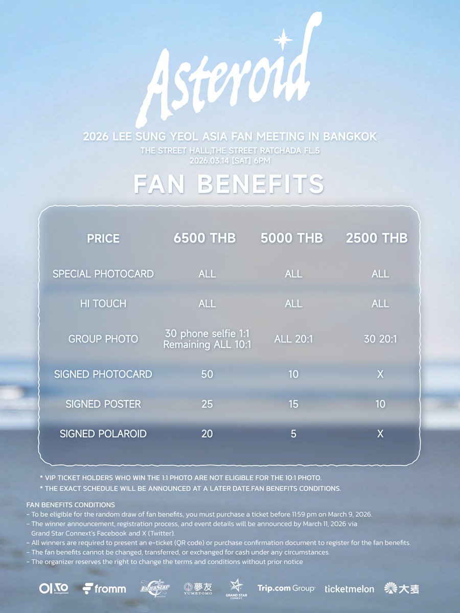 [How to buy tickets on Ticketmelon]

รายละเอียดการซื้อบัตรงาน 2026 LEE SUNG YEOL ASIA FAN MEETING IN BANGKOK วันที่ 14 มีนาคม 2569 ที่ THE STREET HALL, THE STREET RATCHADA FL.5

รายละเอียดการแสดง
🗓 วันเสาร์ที่ 14 มีนาคม 2569
🕕 เวลาเริ่มการแสดง : 18:00 น.
📍 THE STREET HALL, THE