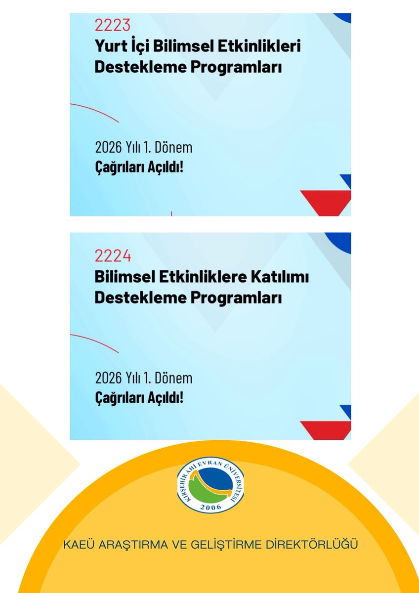 📢TÜBİTAK 2223-Yurt İçi Bilimsel Etkinlikleri Destekleme Programları ve 2224-Bilimsel Etkinliklere Katılımı Destekleme Programları 2026 Yılı 1. Dönem Çağrıları Açıldı!
Son başvuru tarihleri:
🗓️ 24 Şubat 2026
⏰ 17.30
Detaylar: 👇
tubitak.gov.tr/tr/duyuru/2223…
tubitak.gov.tr/tr/duyuru/2224…