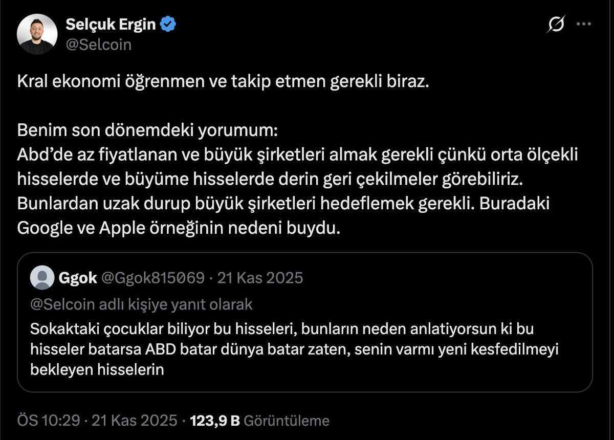 Aşağıdaki yazı büyük bir ibret tablosudur.

Amerika'daki orta ölçekli ve büyüme hisseleri %40-%60 düşüş gördü son 2 ayda.. Google-Apple gibi hisseler ayakta kaldı.
Youtube katıl üyelerime de selamlar.

Bist100 ise bu dönemde hala şaşırtıcı şekilde favorim olmaya devam ediyor.