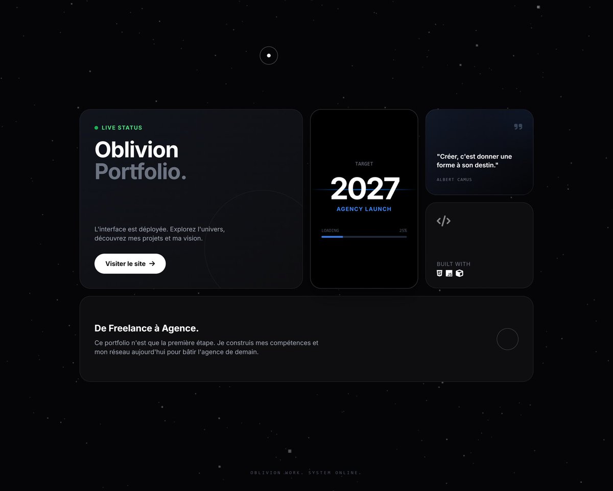 oblivionwork's tweet image. Oblivion Work.
L'invisible devient inoubliable.
Digital Studio - Est. 2025
En construction...
Découvrir le portfolio 💼 
oblivionwork.com