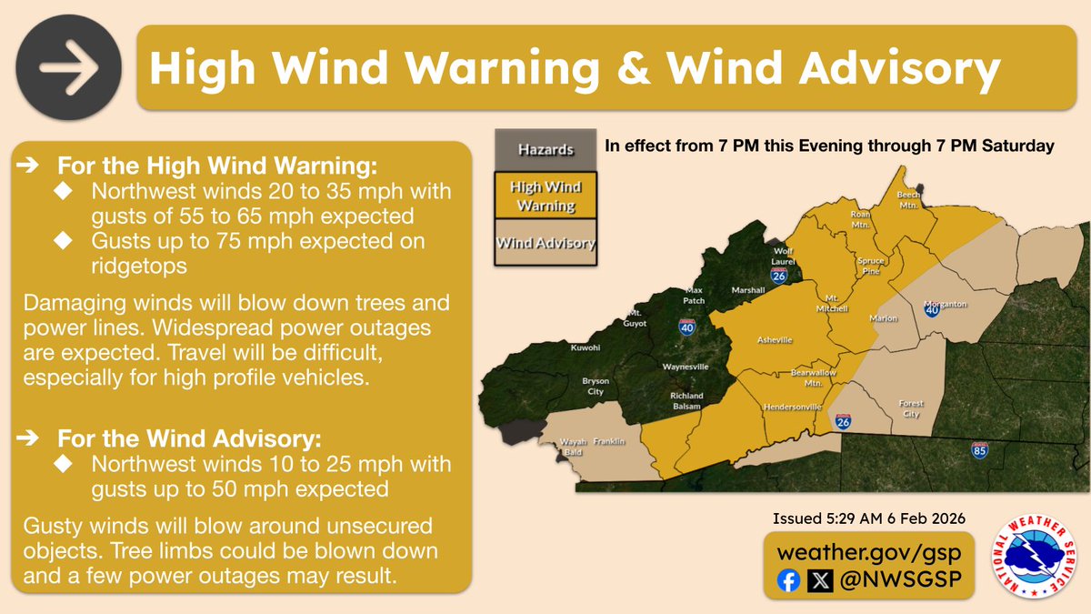 NWSGSP's tweet photo. A High Wind Warning and a Wind Advisory are in effect this evening through Saturday evening. 

Avoid being outside near trees. If caught outside, watch for falling debris or tree limbs. Remain in the lower levels of your home avoid windows and overhanging trees. #ncwx #scwx https://t.co/HI5r9q13Rz