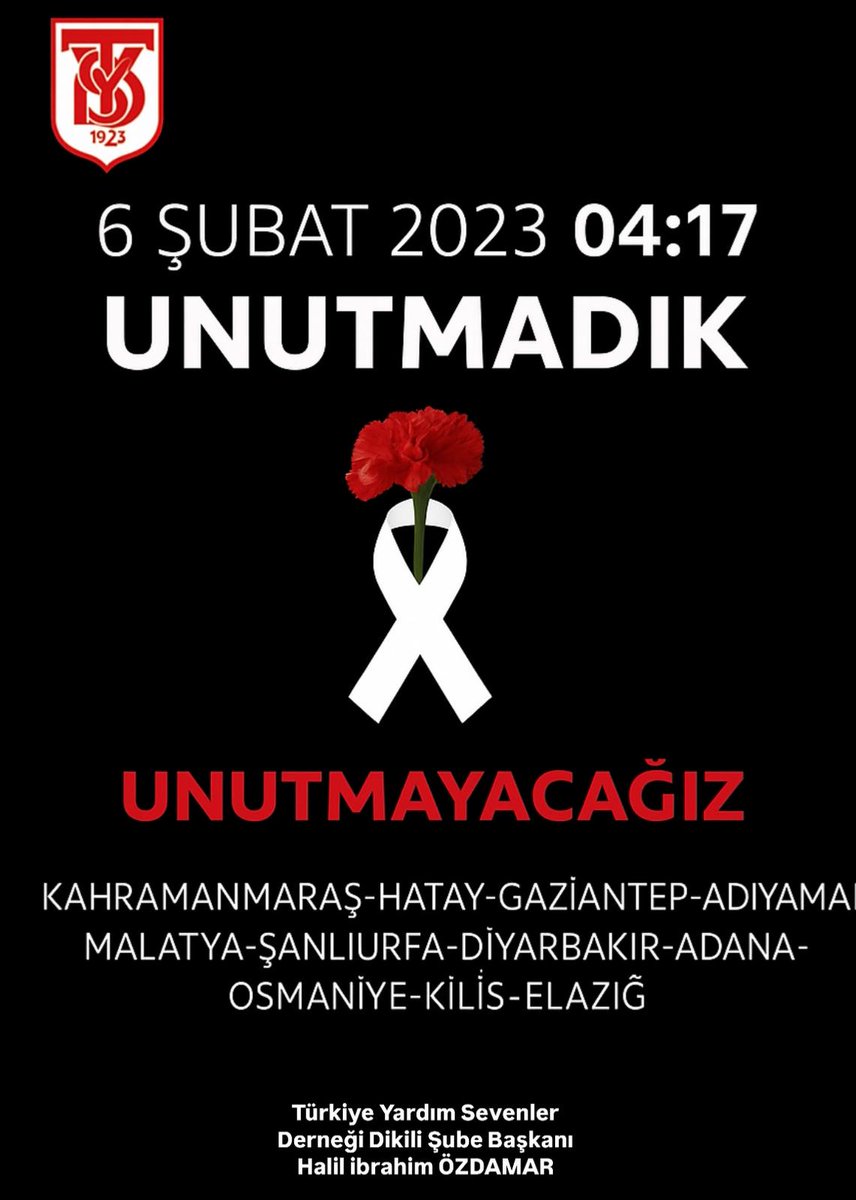 6 Şubat 2023 | 04:17
Asrın felaketinde hayatını kaybeden vatandaşlarımızı rahmetle anıyor, yakınlarına sabır diliyoruz. Acımız da sorumluluğumuz da büyüktür. Unutmadık, unutturmayacağız.

Türkiye Yardım Sevenler Derneği
Dikili Şube Başkanı Halil İbrahim ÖZDAMAR