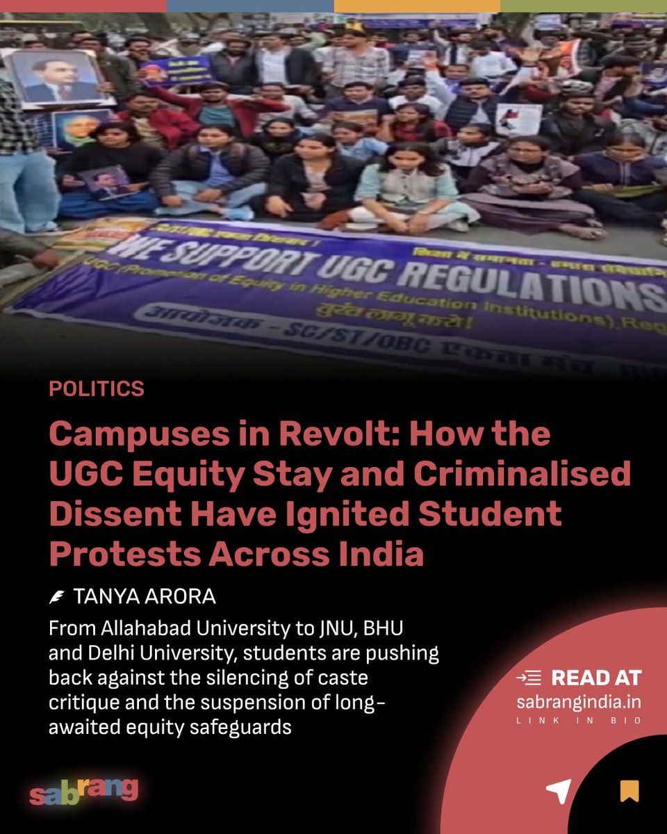 sabrangindia's tweet image. Campuses in Revolt: How the UGC Equity Stay and Criminalised Dissent Sparked Student Protests Nationwide

#HigherEducationIndia #CivilLiberties #DemocracyWatch #IndiaNews #sabrangindia

sabrangindia.in/campuses-in-re…
