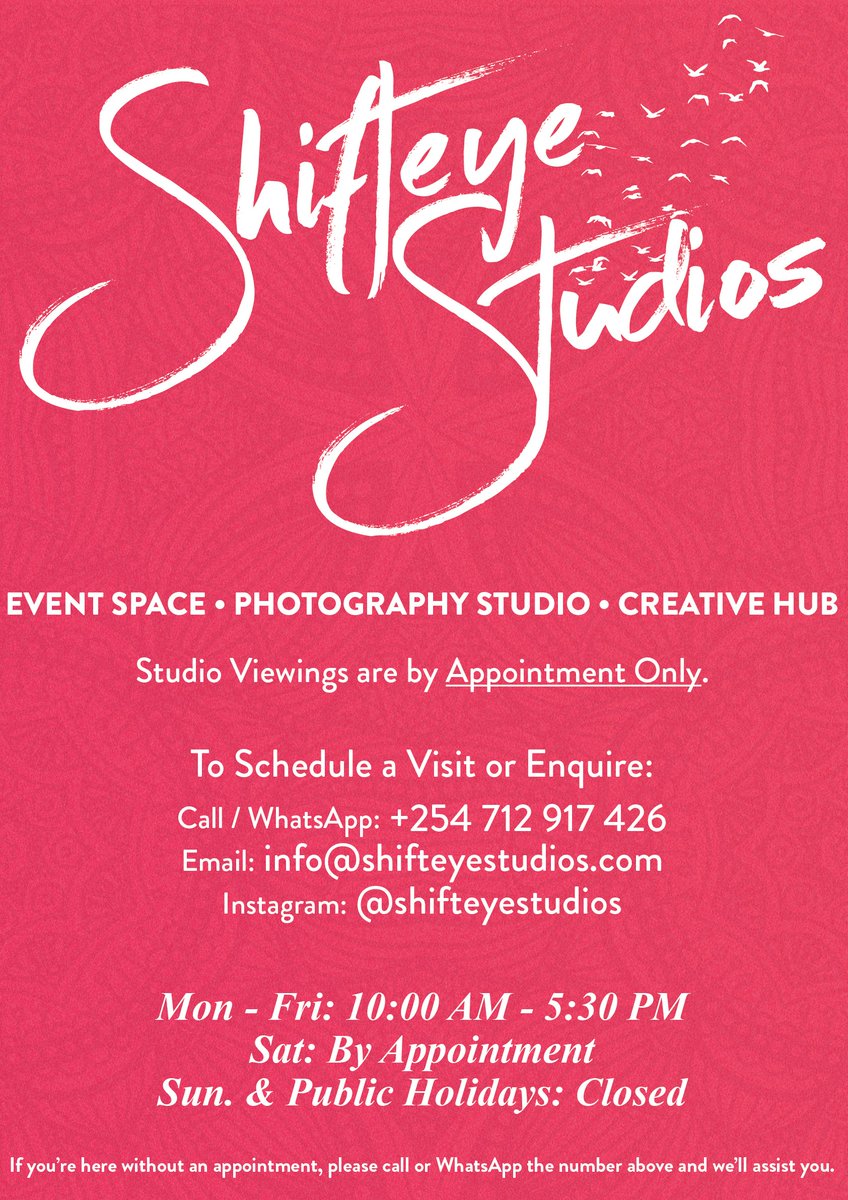 Welcome to Shifteye Studios.

A creative space in Nairobi designed for photo &amp; video shoots, workshops, brand launches, and meaningful gatherings.

Studio viewings are by appointment only.
To schedule a visit or enquire, send us a DM or reach out via WhatsApp/ email us :)