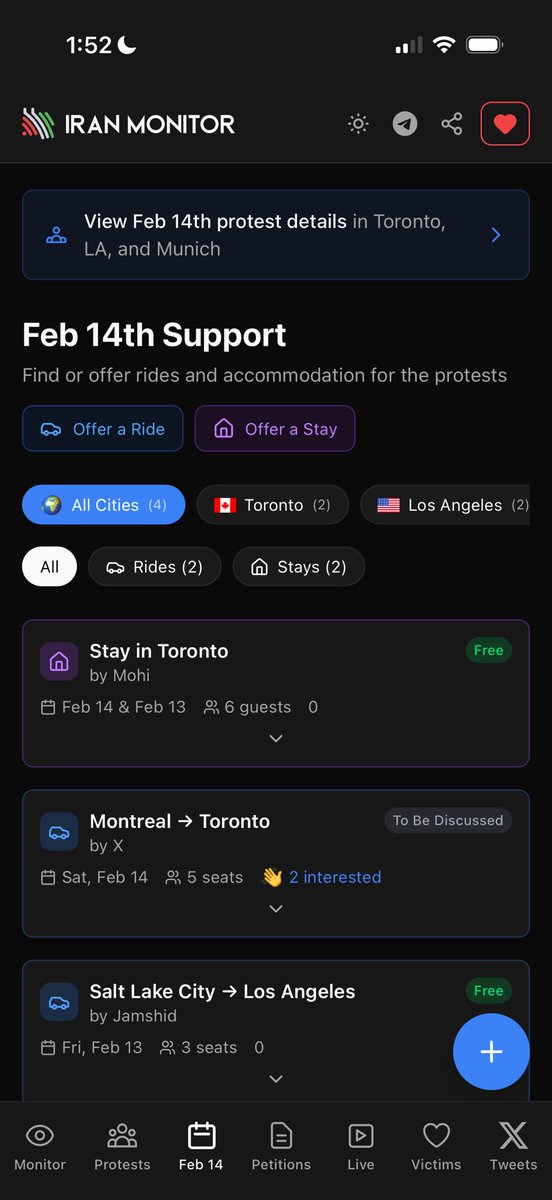 متوجه فیچر جدید <a href="/iranmonitor_org/">Iran Monitor</a> شدین؟! واقعا این تیم Agileعه 
الان دیگه راحت می‌تونین با چندتا کلیک، در خونه‌هاتون رو به روی مهمون‌ها باز کنین و بهشون راید بدین. 

iranmonitor.org/feb14