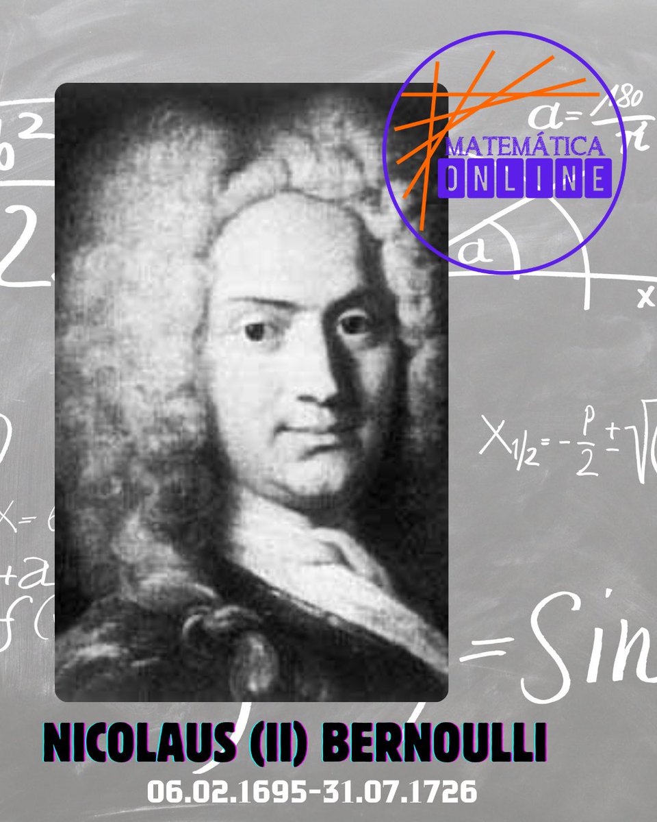 👌 matemático do dia 👇

Nicolaus (II) Bernoulli
06.02.1695 - 31.07.1726

Matemático suíço, nascido numa das famílias mais brilhantes da história da matemática, Nicolaus Bernoulli deu contribuições importantes para o cálculo e a teoria das probabilidades.