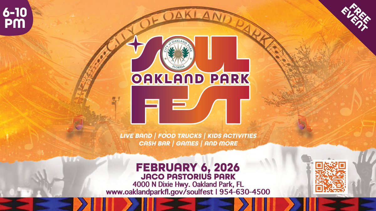 CityOaklandPark's tweet photo. Tonight! Soul Fest is FREE 🎶
6–10 PM • Jaco Pastorius Park (4000 N Dixie Hwy)
Live music by The Jam Band + Vibe Zone w/ DJ Chris + Kids’ Kitchen &amp; Sensory Village. Parking: Main St.
Info: https://t.co/ioKLkQBVUe
#BlackHistoryMonth #OaklandParkFL #SoulFest https://t.co/16chnuNIPG