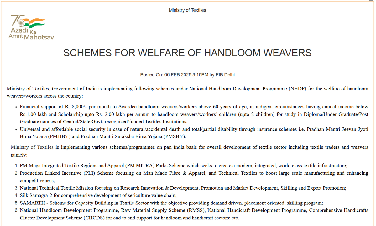 SCHEMES FOR WELFARE OF HANDLOOM WEAVERS Read more: pib.gov.in/PressReleasePa… 
<a href="/girirajsinghbjp/">Giriraj Singh</a> <a href="/TexMinIndia/">Ministry of Textiles</a> <a href="/PIB_India/">PIB India</a>