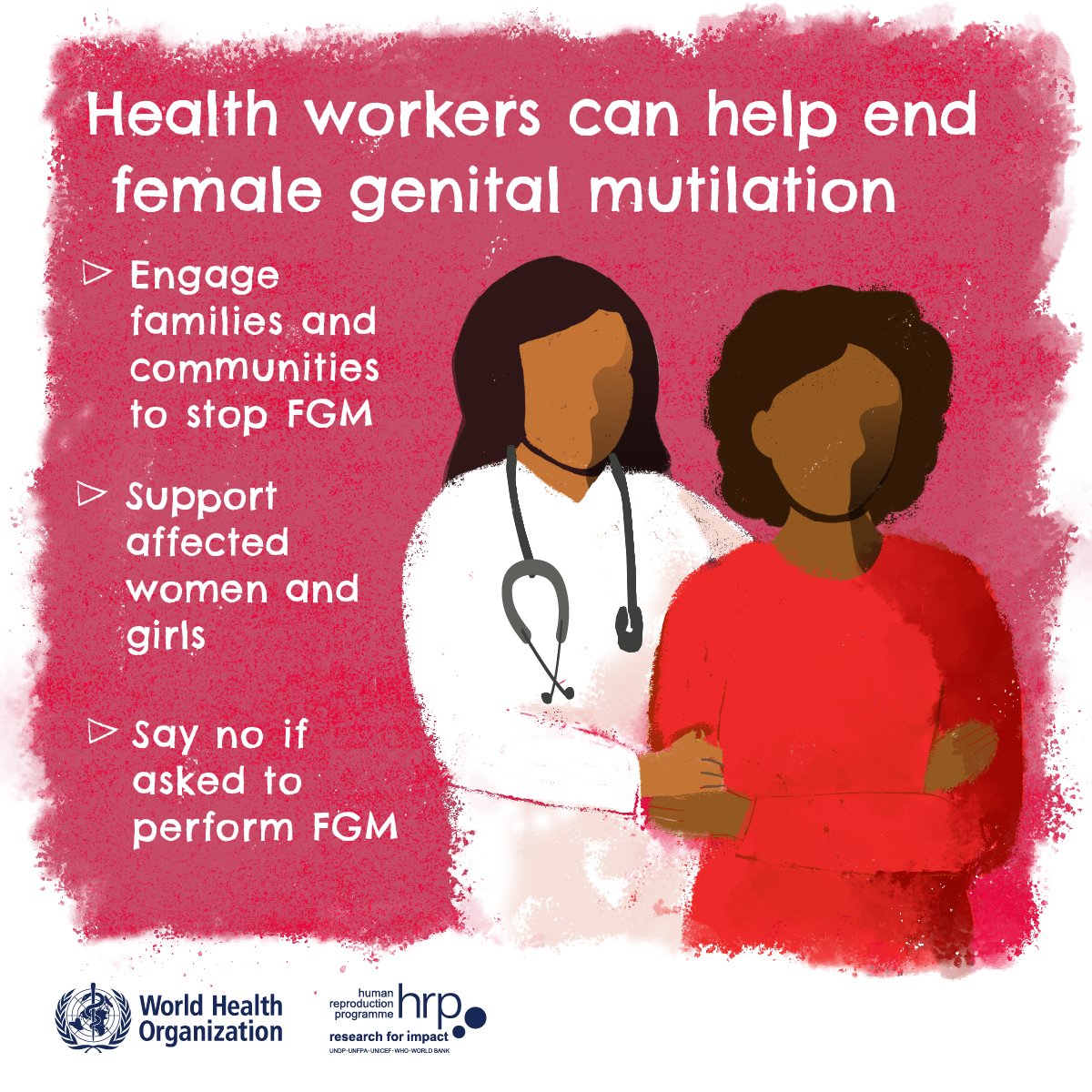 Health workers can be agents of change. They can help end female genital mutilation (FGM)

With the right training and support, they can provide compassionate care for survivors of FGM and help prevent it in their communities.

Educating and empowering health workers saves lives