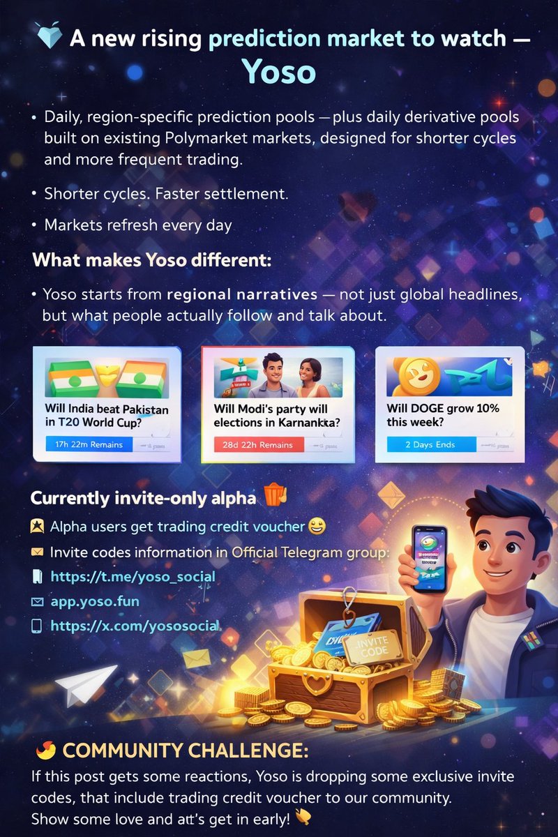 💎 A new rising prediction market to watch YOSO
🚀 Invite-only Alpha
🎁 Invite code giveaway for early access
👉Invite details In Telegram
» t.me/yoso_social
» app.yoso.fun

If this post gets good engage exclusive invite codes will be share in the community 👀🔥