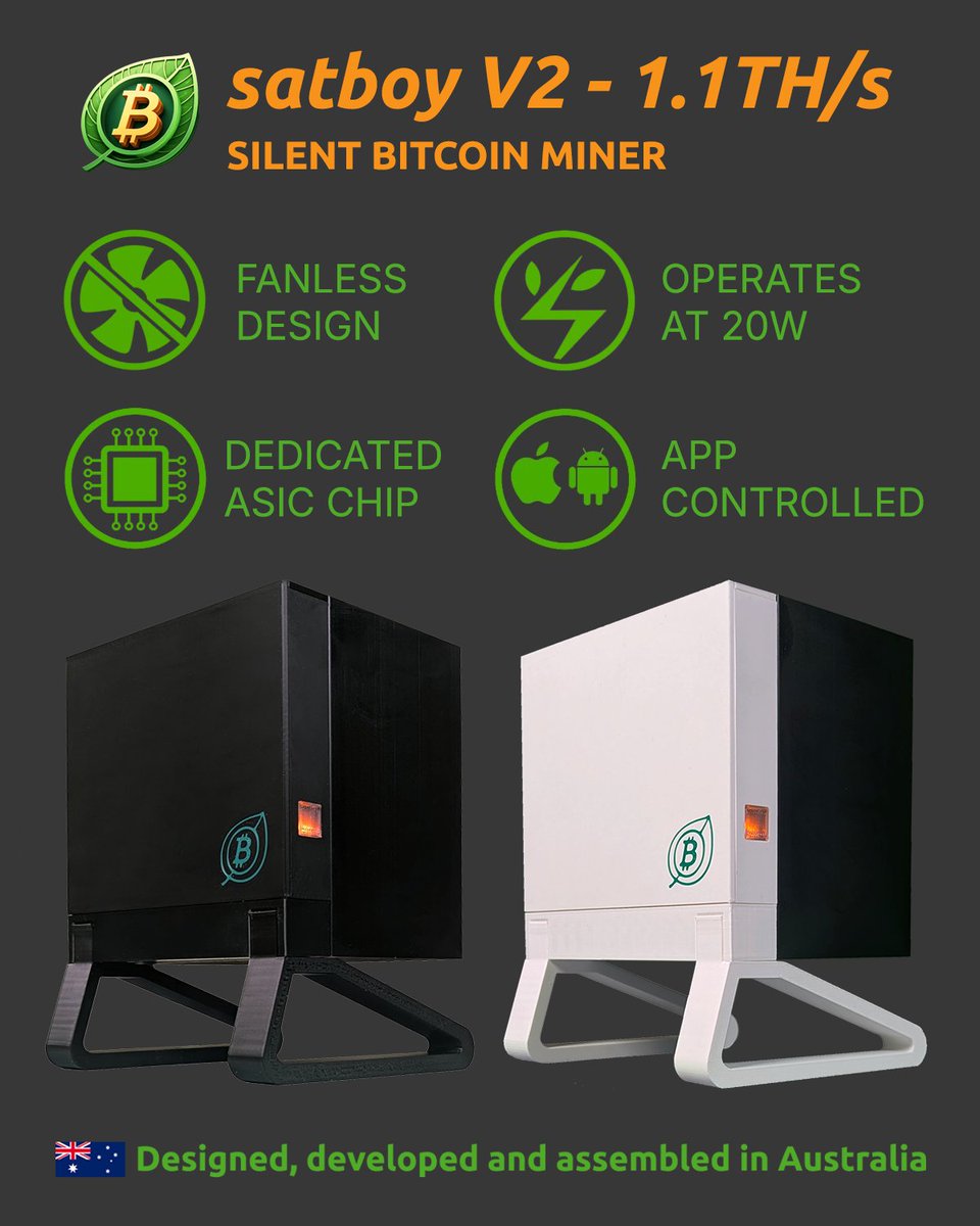 NEW satboy! Refined design, higher hash, customisable colours, same silent operation.

Check out the specs and details at greenbit.tech. International shipping available.