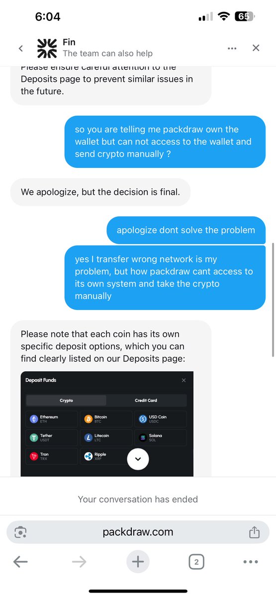 tntapple0304's tweet photo. so @PackDraw is telling me when I deposit with wrong network, nothing they can do with it, telling me they can not access to their OWN system and transfer my crypto back in manual, this is unacceptable

@DoomisGod this is your website huh? https://t.co/P818pISt1H