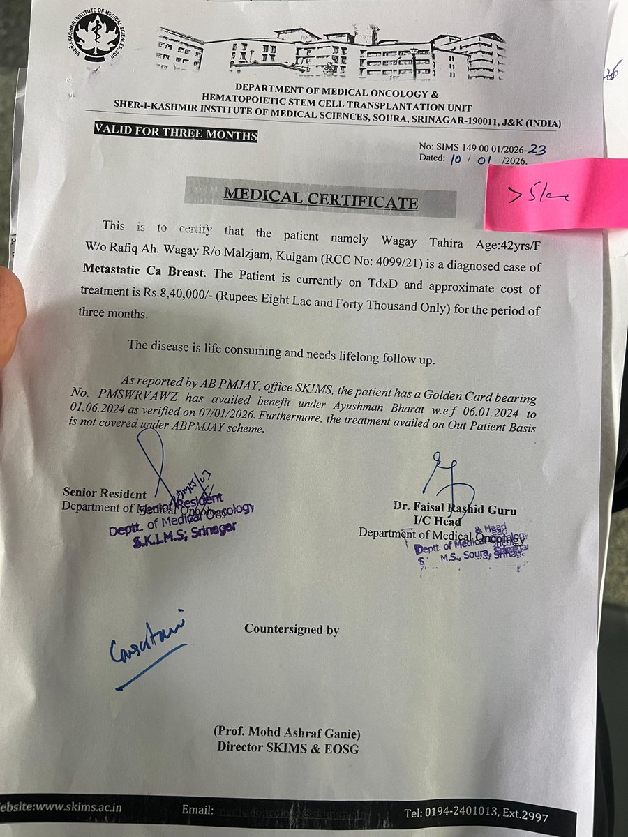 Hon’ble CM <a href="/OmarAbdullah/">Omar Abdullah</a>  Sahaab &amp; Hon’ble Health Minister <a href="/sakinaitoo/">Sakina Itoo</a> Ji , I humbly request your urgent intervention to save the life of a 42-year-old mother, Tahira Wagaya from Kulgam suffering from Metastatic Breast Cancer.
The family is extremely poor. They have spent every