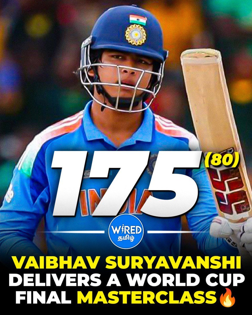 The_Wired_Tamil's tweet photo. #SportsUpdate  Vaibhav Suryavanshi Delivers a World Cup Final Masterclass at Just 14 🥶🔥

#VaibhavSuryavanshi #WorldCupFinal #175Runs #wiredtamil #IndianCricket #FutureLegend #NextGenStar #CricketProdigy #ClutchInnings #U19Cricket #BackboneOfIndia https://t.co/xpf63XuV8f