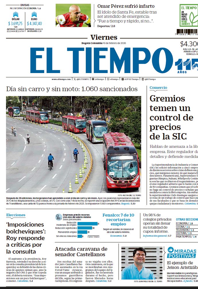 ELTIEMPO's tweet photo. 🌞 ¡Buenos días! Esta es nuestra portada de viernes en EL TIEMPO. Inicie el día con las principales noticias de Colombia y el mundo.☕️ https://t.co/1hl8UUS8Ua