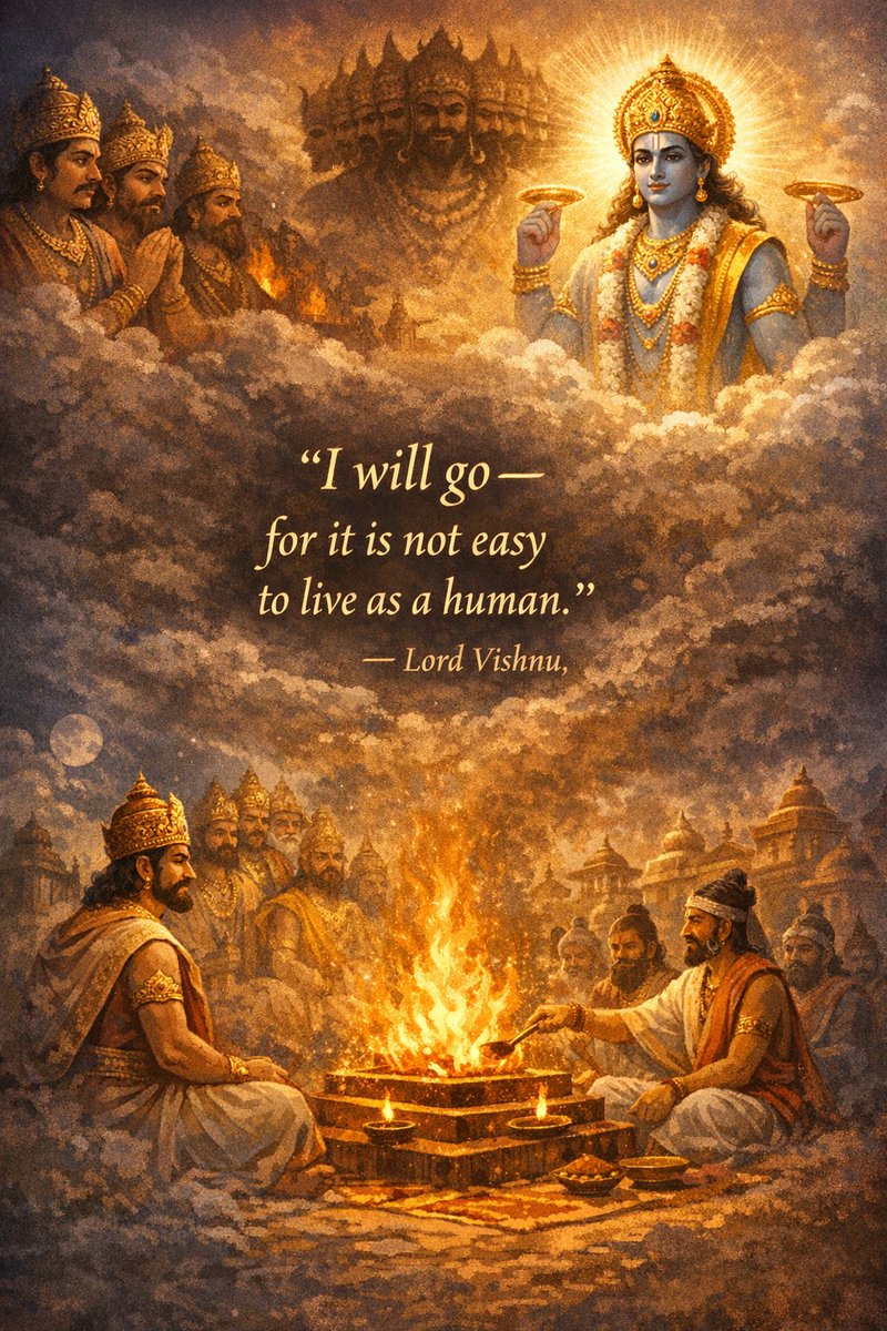 ithihasway's tweet photo. Daśaratha was noble in every way, yet longed for a son. So he performed the Aśvamedha and Putrakāmeṣṭi yajñas.
He was performing the yaga and all the devathas were invited as a part of the ritual. https://t.co/QyXNeasAfU